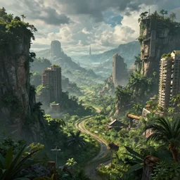 an apocalyptic world where nature has taken back the cities , sci-fi,deep colour\'s, realistic, hyperrealistic, concept art, stylized, unreal engine 5, trending on art station, W 1024