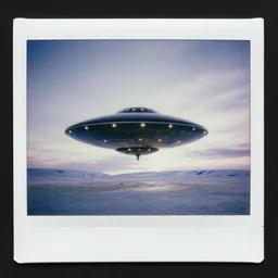 polaroid photo of a clear UFO encounter in the artic, large black triangle with lights in each corner, aurora borealis, scientist pointing towards the object, HD scan,
