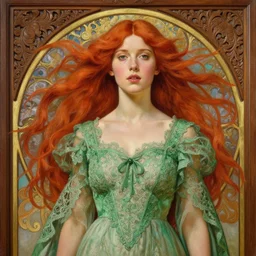intricate art nouveau portrait oil painting of redheaded young millie bobby brown with long red hair blowing in the wind, wearing an intricate green lace dress, in front of an carved wood screen, elegant, digital painting, smooth, sharp focus, illustration, ultra realistic, 8 k, by bouguereau, alphonse mucha, artgerm, and donato giancola