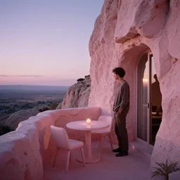 a grainy film photograph pov holiday maker on balcony in dream state alien world. pastel pink stone, lavender sky, table, chairs, candle. foam architecture. ambient light. refraction. sunset.