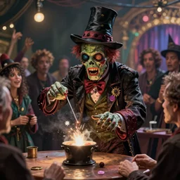 a bokeh photo of a zombie magician doing magic on stage, documentary film, an ultrafine detailed painting by james jean, cgsociety, figurative art, detailed painting, dystopian art, high detail greg rutkowski and andreas rocha, tristan eaton, victo ngai, artgerm, rhads, ross draws