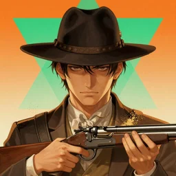 portrait of a gunslinger, light dust, magnificent, close up, gradiant orange to emerald, triangles in background, details, sharp focus, elegant, highly detailed, illustration, by Jordan Grimmer and greg rutkowski and PiNe(パイネ) and 薯子Imoko and 香川悠作 and wlop and maya takamura, intricate, beautiful, Trending artstation, pixiv, digital Art