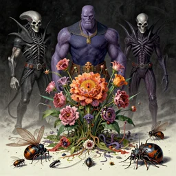 the platonic ideal of flowers, rotting, insects and praying of cletus kasady carnage thanos davinci dementor wild hunt chtulu mandelbulb fritz the cat doctor manhattan bioshock xenomorph, caustic, ego death, decay, dmt, psilocybin, concept art by randy vargas and greg rutkowski and zdzisław beksinski