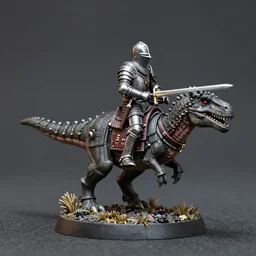 detail, mini of medieval english knight in full armor with sword riding a dinosaur in armor, heavy cavalry, Asgard rising, MyMiniFactory, 28mm scale