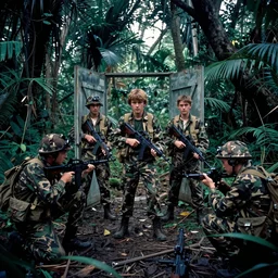 still of the cast of stranger things in the jungle, camouflage door gunners, vietnam war associated press photo, tet offensive, critical moment, wide angle lens, kodak ektachrome, blue tint expired film