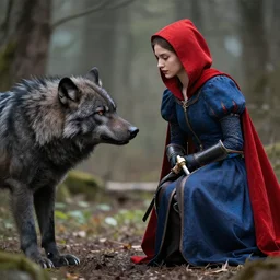photograph of a real-life beautiful reed riding hood warrior confronting a werewolf. 8k