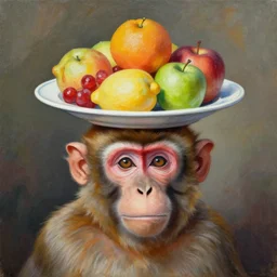 a painting of a plate full of fruits on top of a monkey's head
