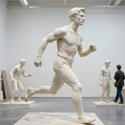 a contemporary art sculpture of a tall man running with big head in his hand, in the style of ron mueck, medium shot, busy, plasters, bright, portra 1 6 0, indoor, studio lighting, hyper realistic, highly detailed, 1 6 k