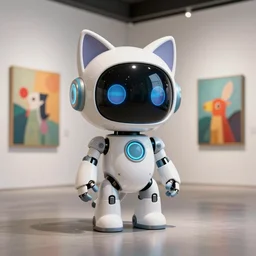3D octane render ultra 8K photorealistic,  a very cute mystical robot with cat’s ears a contemporary art gallery in neo Paris