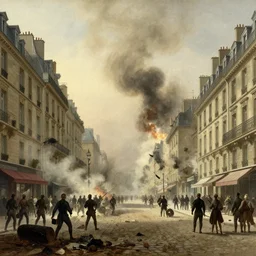 1750 Paris streets getting stormed, in the style of the Hudson River School
