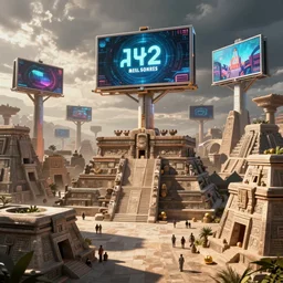 aztec futuristic town with nft billboards, hyper realistic, art by mike winkelmann