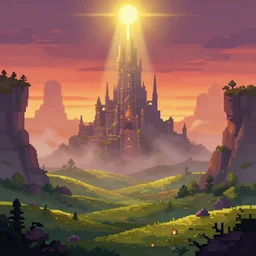 pixel art landscape of an elven magicians tower with bright light shining from top, misty mysterious, strange magic, beautiful rolling hills, sunset, cliffs, warm light, artstation, deviantart