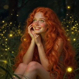 a young woman, smiling, amazed by the lights of golden fireflies, sitting in the midst of nature fully covered, long loose red hair, intricate linework, dreamy green eyes, small nose with freckles, oval shape face, realistic, expressive emotions, dramatic lights, spiritual scene, hyper realistic ultrafine digital art by james jean and albert bierstadt