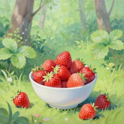 a bowl of strawberries outside in the forest, bright, lush, pastel, graphite, painting