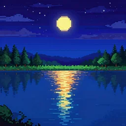 night sky reflected in the water, landscape pixel art by terraria and maxfield - parrish
