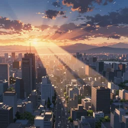 birdseye view of a sunrise over a city, art by yoshitaka amano and alena aenami, cityscape