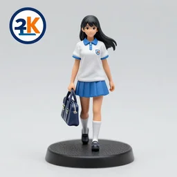 80mm resin detailed miniature of a school girl, olive skin, white and blue uniform, long black hair, bag, on textured disc base, Company logo in upper left corner; Miniature product Photo, 4K, Full body