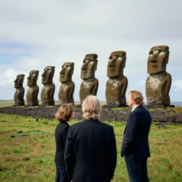 composition of roger waters, syd barret and david gilmore visiting the eastern island statues, realistic, hdr, hdd, 8 k,