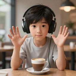a boy with headphones sitting on a table in a cafe with a coffee, digital art, digital painting, masterpiece, concept art, trending on deviantart, highly detailed, high quality, anatomically correct, five fingers, cinematic, high coherence, soft lighting, soft colors, beautiful, elegant, short black hair, 4 k, symmetrical, realistic and detailed face, cartoon