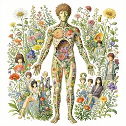 highly detailed illustration of a human anatomy body exploded by all the known species of flowers by juan gatti, by makoto shinkai, by moebius!, by oliver vernon, by joseph moncada, by damon soule, by manabu ikeda, by kyle hotz, by dan mumford, by kilian eng