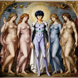 death note, trinity of blue - skinned evangelion anime characters as godesses and gods, classical roman renaissance painting scene, baroque fantastical greek art wall fresco, hindu idol obsidian cyberpunk, movie still, eva poster ova, high quality, golden ratio, cycles, very colorful, starry sky, blasphemous orthodox icon
