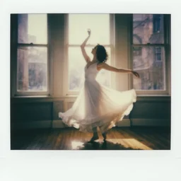 a woman in a long flowing white dress dancing by a window in the afternoon, flash polaroid photo by george hurrell, hazy light rays, golden hour