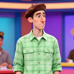 extremely detailed illustration of a thin guy with a big nose and an overbite wearing a brown beret and a palid green plaid shirt stand up participating on a tv show, coloful, vibrant colors, trending artstation
