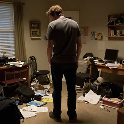 jordan peterson in a messy room, bad posture