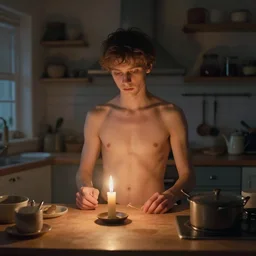 cute kitchen dim lit by a candle ripped physique simon stalenhag gerald brom bastien grivet greg rutkowski portrait