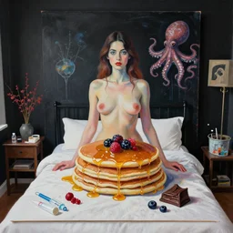 sensual, a portrait in a female art student's bedroom, black walls, a woman sitting on a bed made of pancakes, honey dripping, berries dripping, chocolate, surgical supplies, ikebana, octopus, neo - expressionism, surrealism, acrylic and spray paint and oilstick on canvas