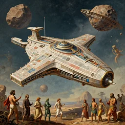 aztec design, aztec aztec spaceship!!!! aztec technology aztec spaceship docking on asteroid!!! aztecs technology by raphael!!!, bernardo belloto!!!, beeple!! alexandre cabanel!!!!, artstation!, renaissance! artwork, digital!!!!