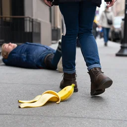 a large walking banana peel tripping over a prone human on the sidewalk, new york, 3 5 mm, f / 2. 8, full resolution