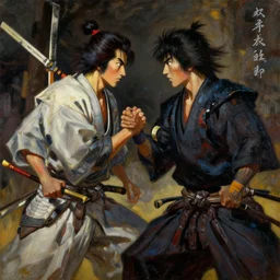 final duel between sasaki kojiro and miyamoto musashi, dramatic, 8k, oil painting, masterpiece, Japanese