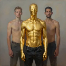 a surreal paiting of golden faceless man inside a man inside a man inside a man