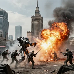 warsaw downtown, soldiers and mech fight, simon stalenhag, 4 k, ultra detailed, explosions and smoke