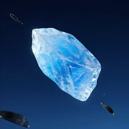 blue chunk of ice flying through a night sky, black scrap metal trailing behind it
