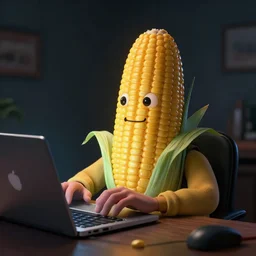 Anthropomorphic corn cob typing on his laptop in a dark room, face illuminated, hyperrealistic, artstation, 8k, concept art, very detailed, hd, digital painting, dramatic lighting