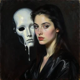 hyperrealism mixed with classicism, oil painting, close - up face of fashion model near melting cyborg face, fully clothes in black reflect robe, complete darkness, in style of classicism mixed with 8 0 s sci - fi hyperrealism