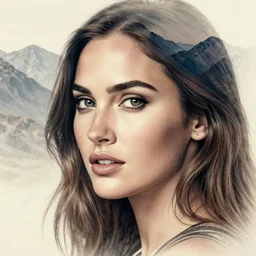 megan fox face double exposure with beautiful mountains, realism tattoo sketch, in the style of matteo pasqualin, amazing detail, sharp, faded