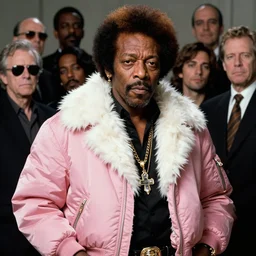 beautiful fantasy character portrait, miles davis, bitches brew, wearing pink puffy bomber jacket with white fur, by peter mohrbacher, hajime sorayama, wayne barlowe, boris vallejo, aaron horkey, gaston bussiere, craig mullins