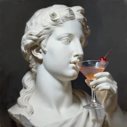 a white reneissance statue head drinking a coctail, digital painting