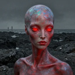 iridescent, face portrait, rocky shore, alien woman, glowing red, by edgar maxence and ross tran, zdzisław beksinski, and michael whelan, distant, gustav dore, h. r. giger, 8 k, octane render