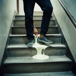 an grainy photo of a man melting on the stairs