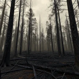 a burned lifeless forest, with burned trees, concept art, cinematic, Greg Rutkowski, ArtStation, CGSociety, Unreal Engine
