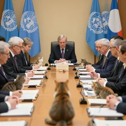 a picture of a meeting of senior un officials as cats