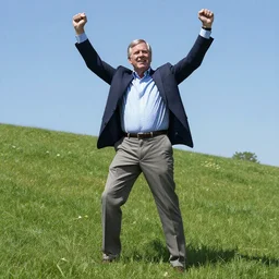 Jeb Bush posing triumphantly on a grassy hillside, wlop, trending on artstation