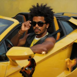 the weeknd wearing sunglasses inside a lamborghini by giuseppe arcimboldo, brown skin, classical painting, digital painting, romantic, vivid color, oil painting