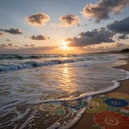 Breath-taking beautiful beach, sunset, clouds and waves, An aesthetically pleasing, dynamic, energetic, lively, complex, intricate, detailed, well-designed digital art of a beach, ripples, waves, sea foam, light and shadow, overlaid with aizome patterns, Shin-hanga by Thomas Kinkade and Bob Ross, traditional Japanese colors, superior quality, masterpiece, featured, trending, award winning, HDR, HD, UHD, 4K, 8K, anamorphic widescreen