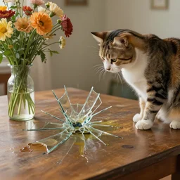 a cat on the table, broken glass on the table, flowers on the table, oil on canvas,