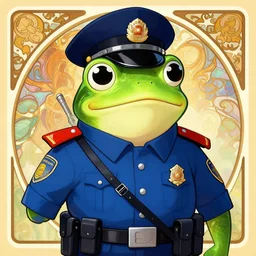 anthropomorphic frog police officer. renowned character illustration by alphonse mucha. trending on artstation.